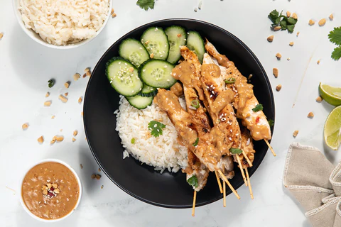 Satay Chicken Skewers & Rice