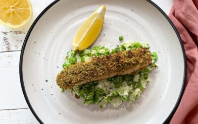 Pistachio Crusted Salmon with Cauliflower and Pea Smash