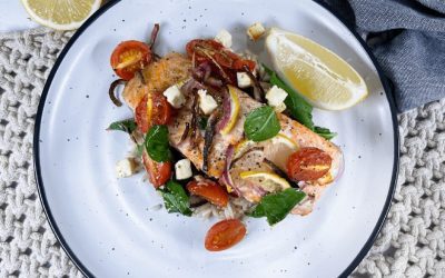 Salmon & Cherry Tomato Tray Bake with Rice
